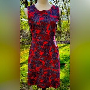 Lands End Size 6 Women's Sleeveless Red Knee Length Paisley Sheath Dress Pockets